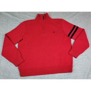 Polo Ralph Lauren Men's Red Cotton 1/4 Zip Sweater Striped Sleeve Logo Size L